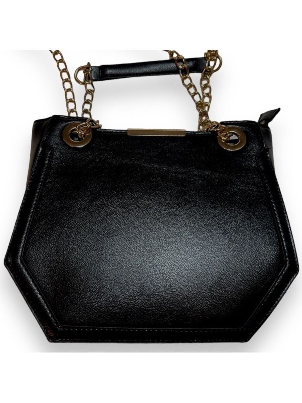 Melie Bianco Geometric Vegan Leather Black Shoulder Bag Purse with Gold Chains - Picture 5 of 8